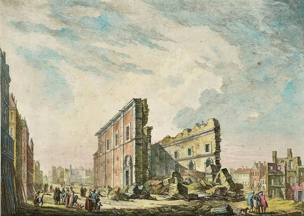 An 18th-century coloured print of ruined church walls and rubble in a Lisbon street after the 1755 earthquake, with small figures walking among the debris